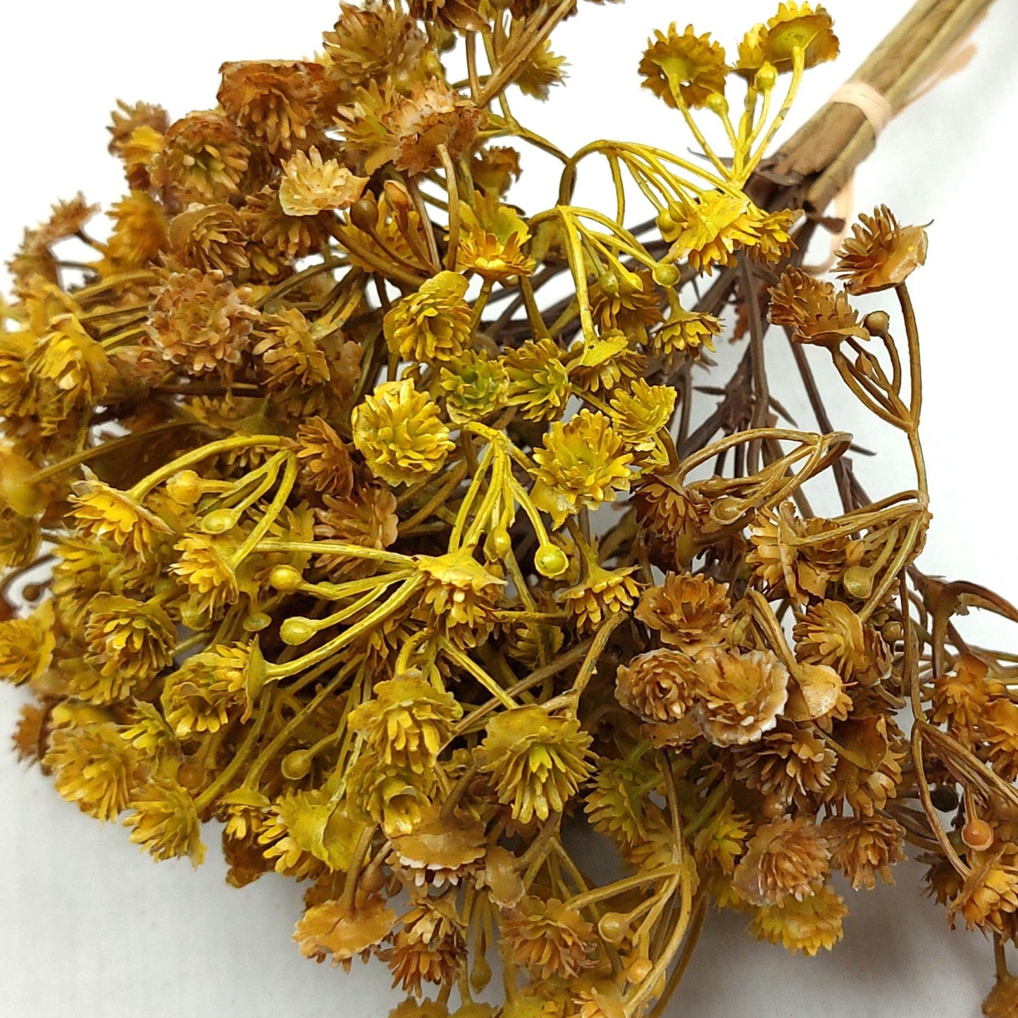 Artificial Bouquet of dried look yellow flowers on a white background