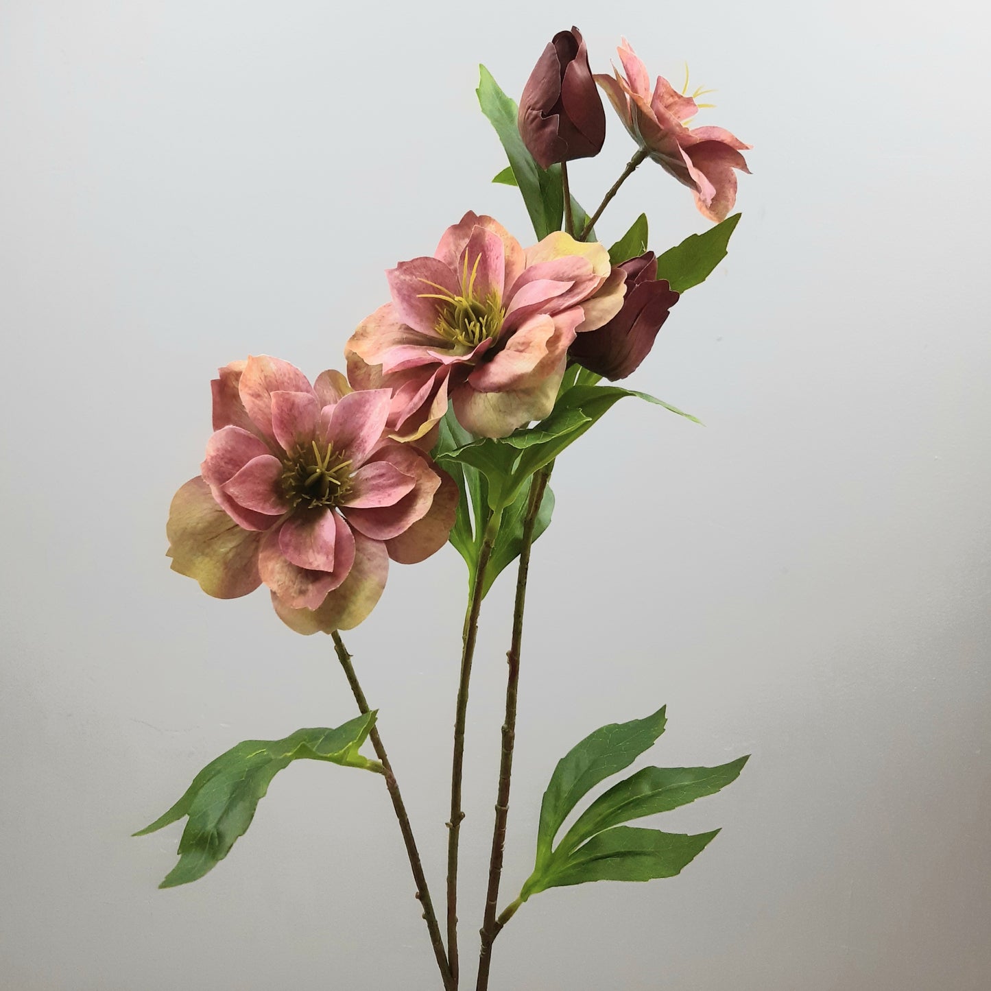 A lifelike artificial floral decoration resembling a stem of hellebores with pink and green leaves and flowers.