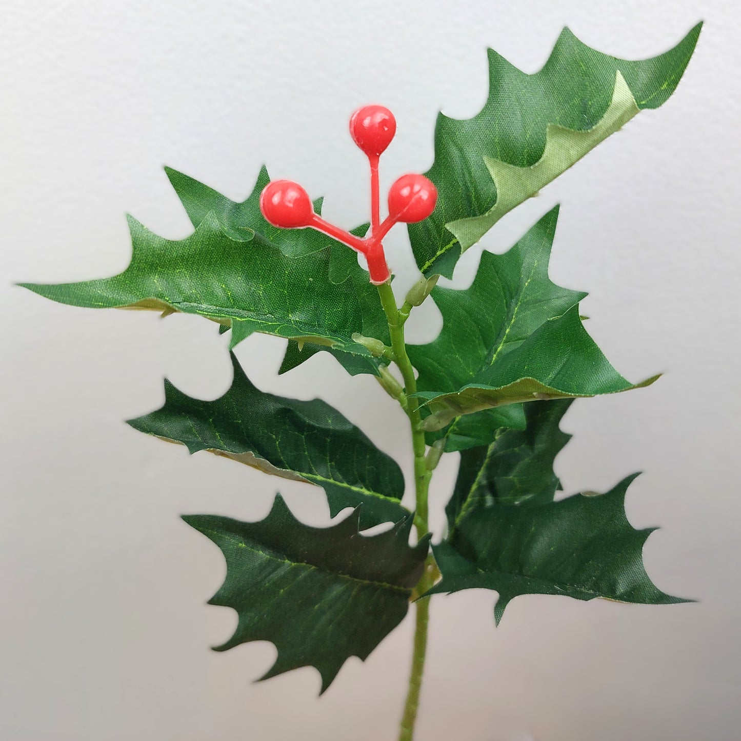 Artificial Holly leaves with red berries on a white background