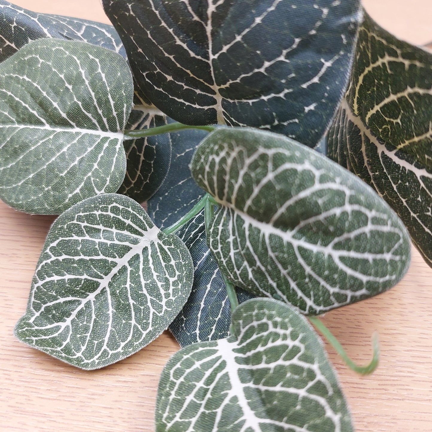 Close-up of artificial green leaves with white veins on a wooden surface