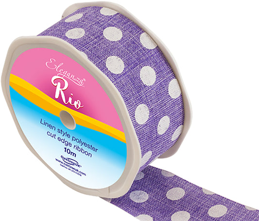 Linen-Ribbon-Cut-Edge-Lavender-Polka-Dot-38mm-x-10m