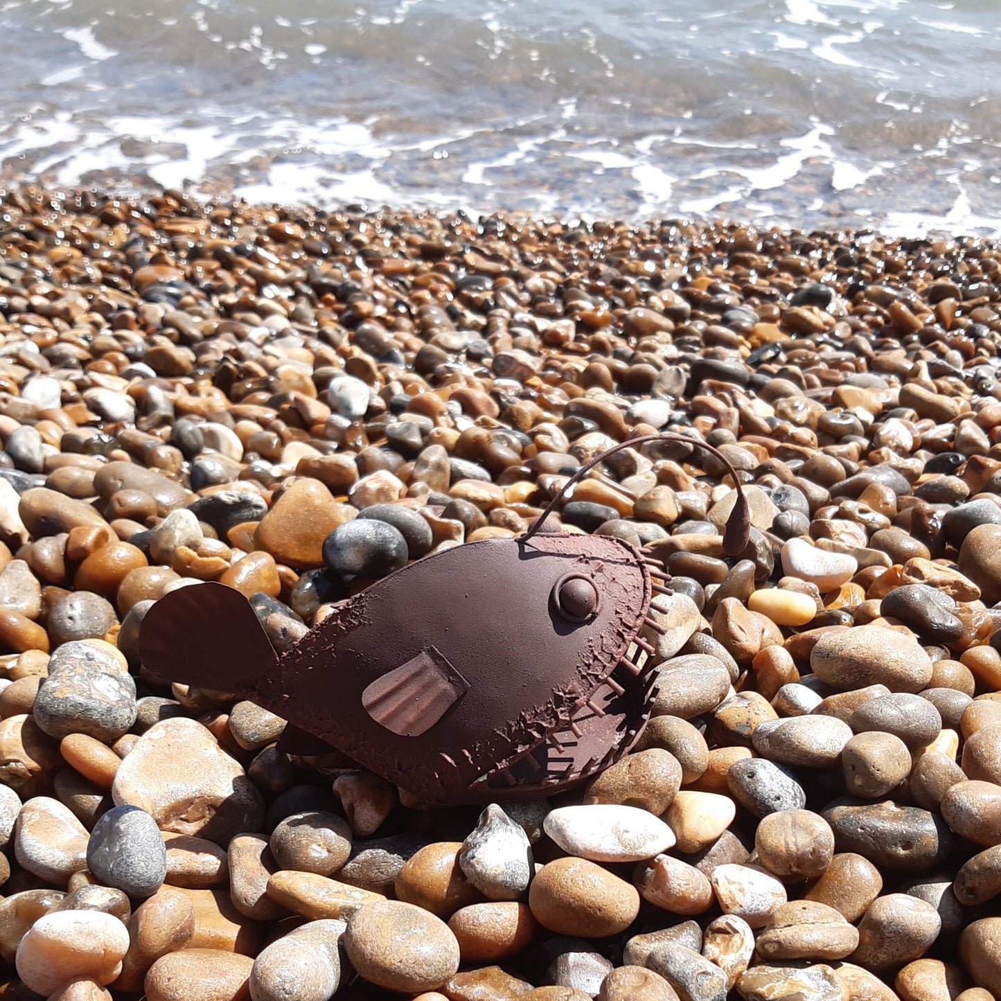 Rust Coloured Allan the Angler Fish on stones looking out to the sea