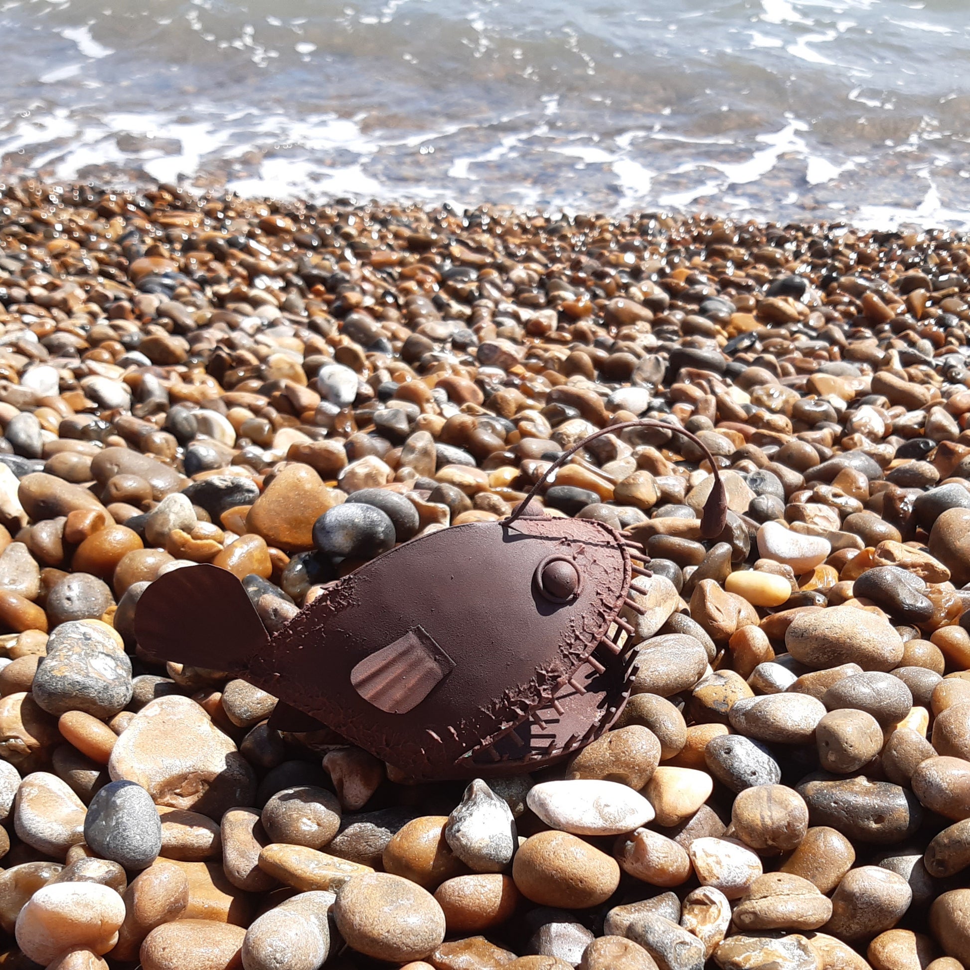 Rust Coloured Allan the Angler Fish on stones looking out to the sea
