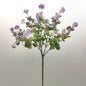 An artificial flower stem featuring purple thistle-like blooms and green eucalyptus leaves on a plain light background.