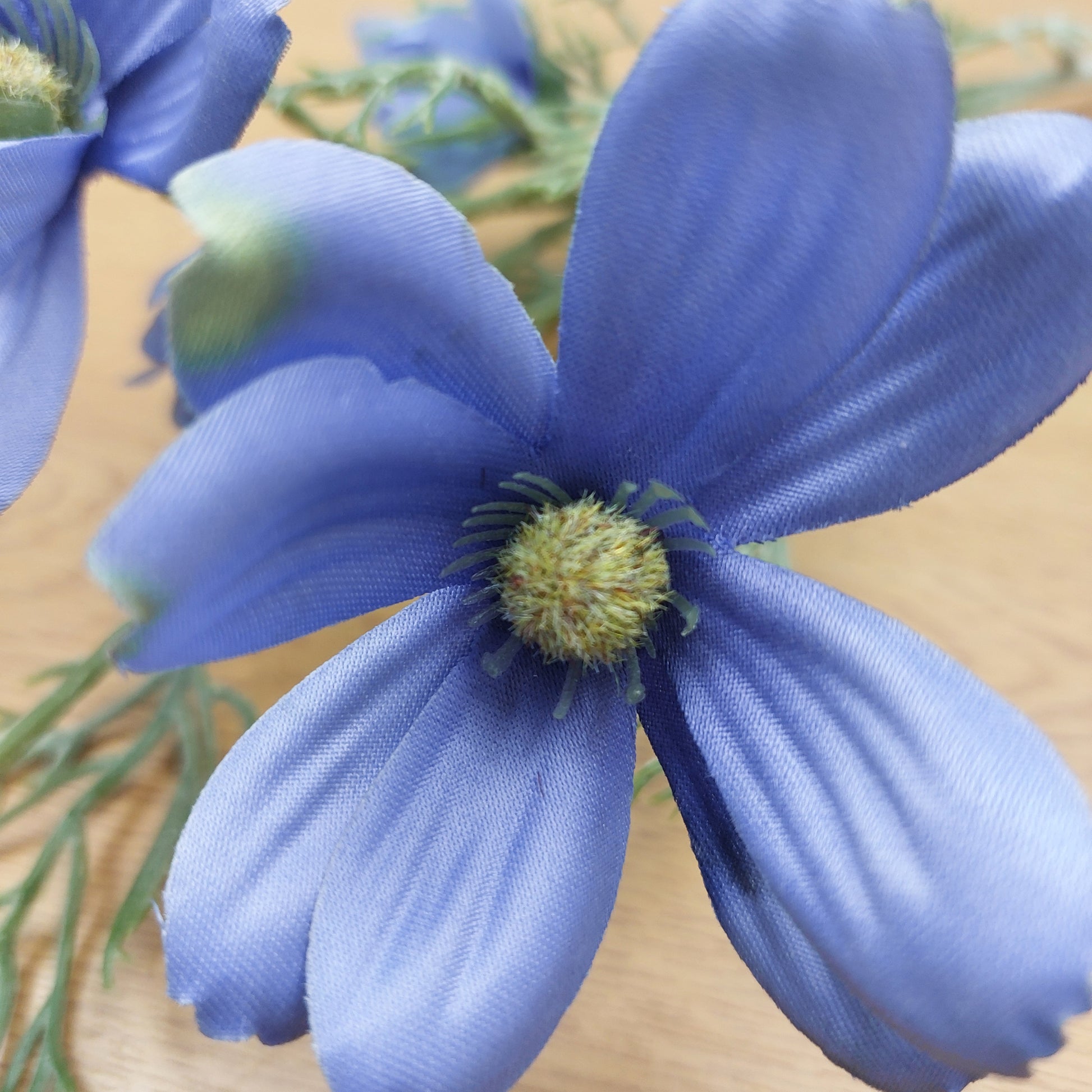A close-up of an artificial Cosmos Daisy blue flower with wide, slightly translucent petals and a textured yellow-green center, photographed against a light wood background.