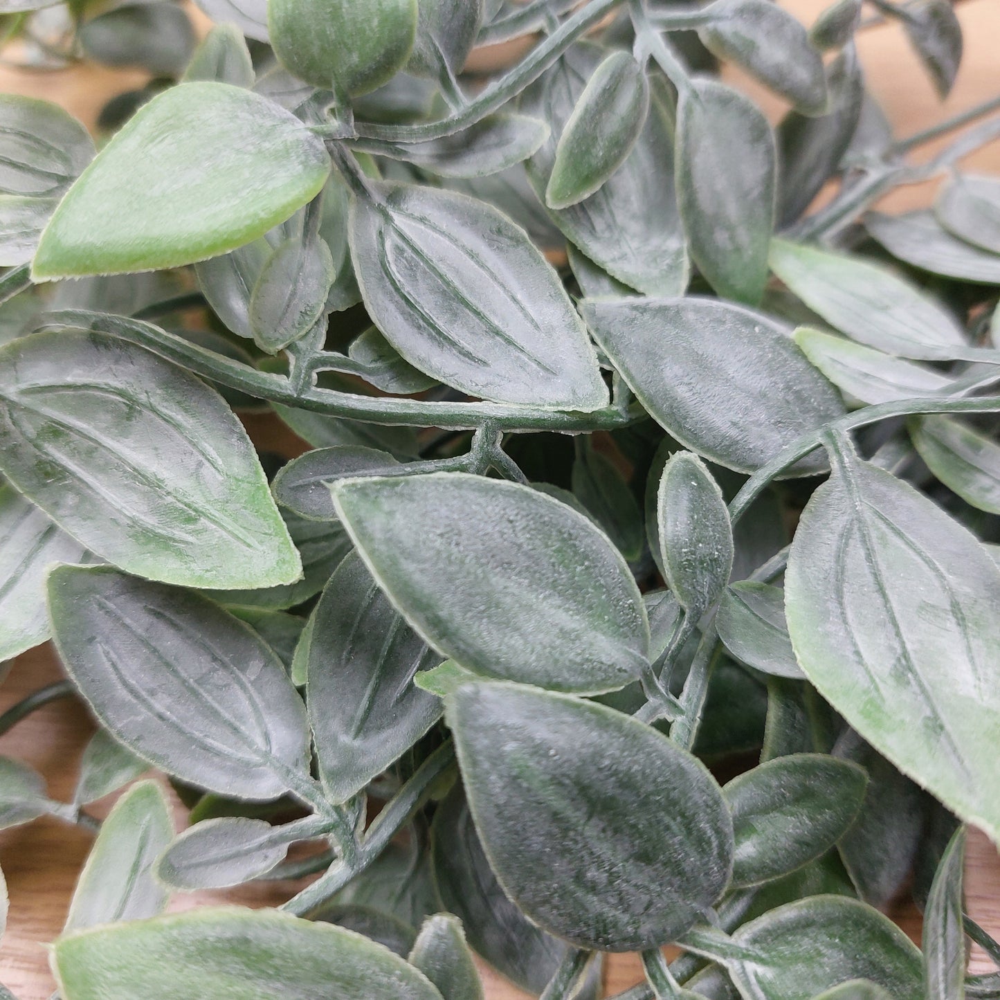Close-up of artificial green ruscus foliage with textured, dusty-look leaves on a wooden surface.