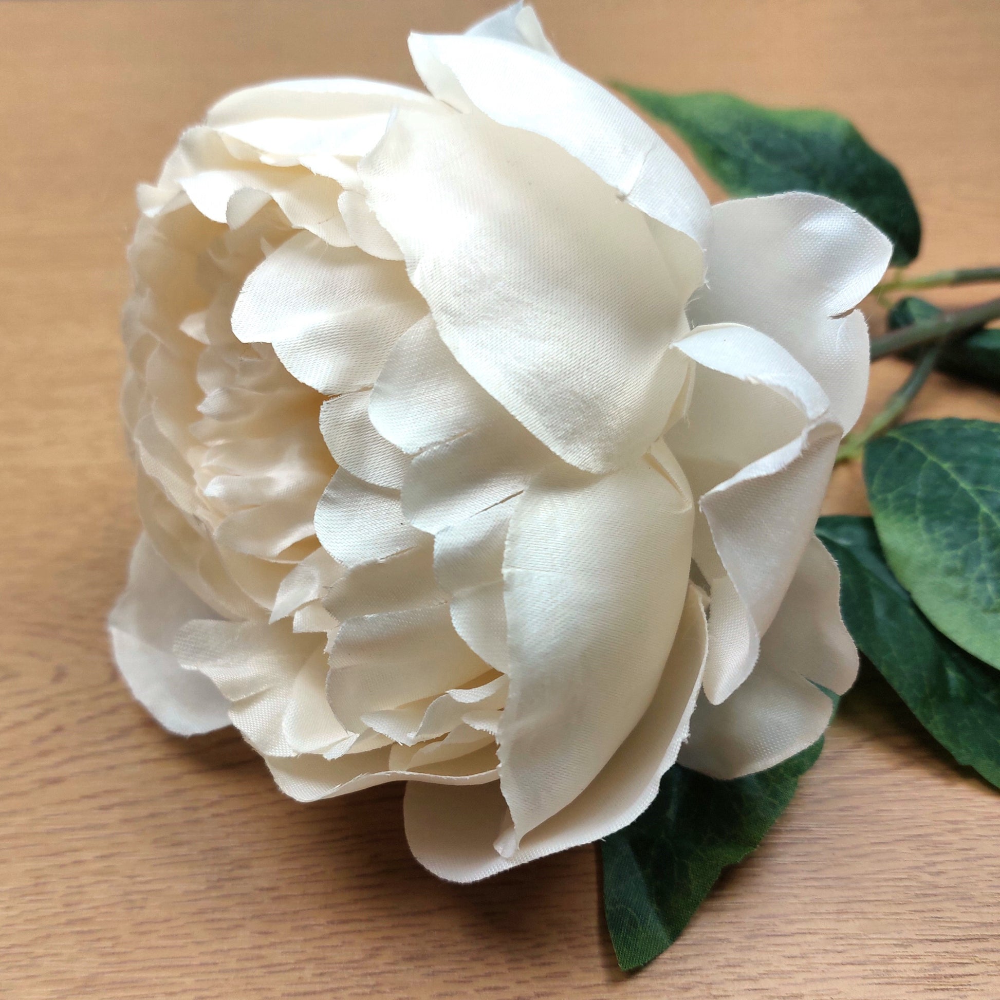 Artificial Ivory Peony flower with green leaves on a wooden surface