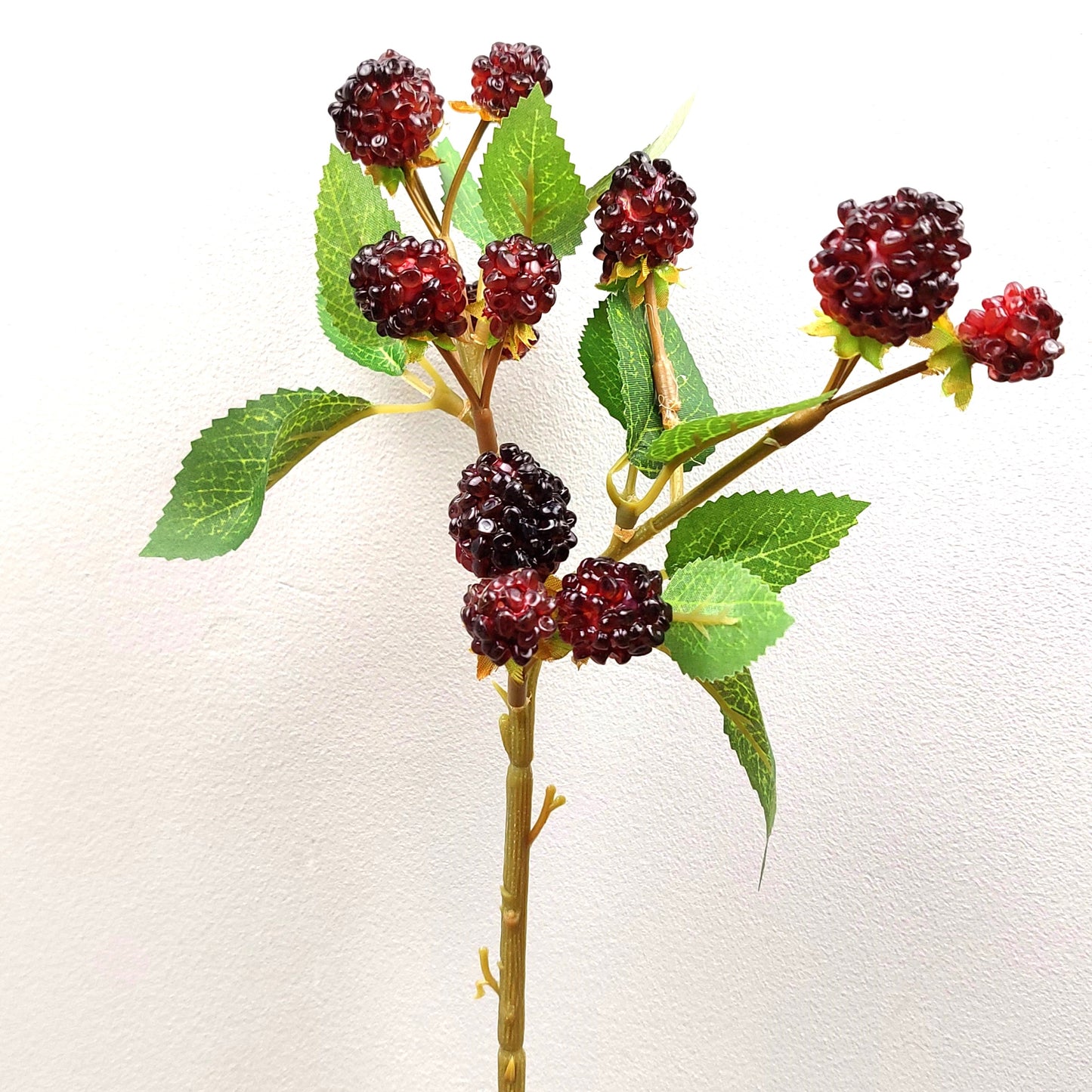 Artificial blackberry branch with red and black berries and green leaves on a white background