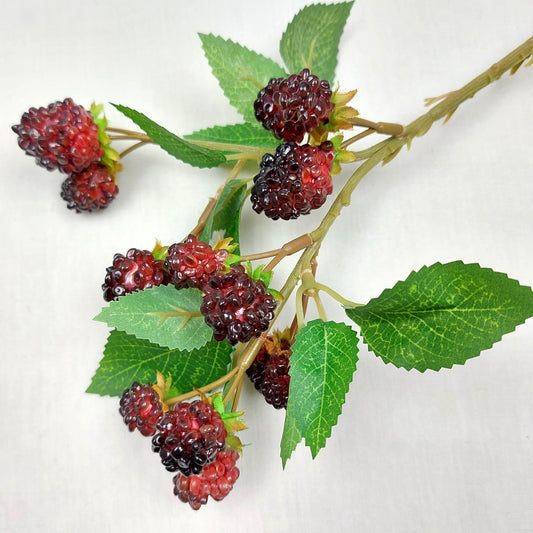 Artificial Blackberry stem with red and black berries on a white background