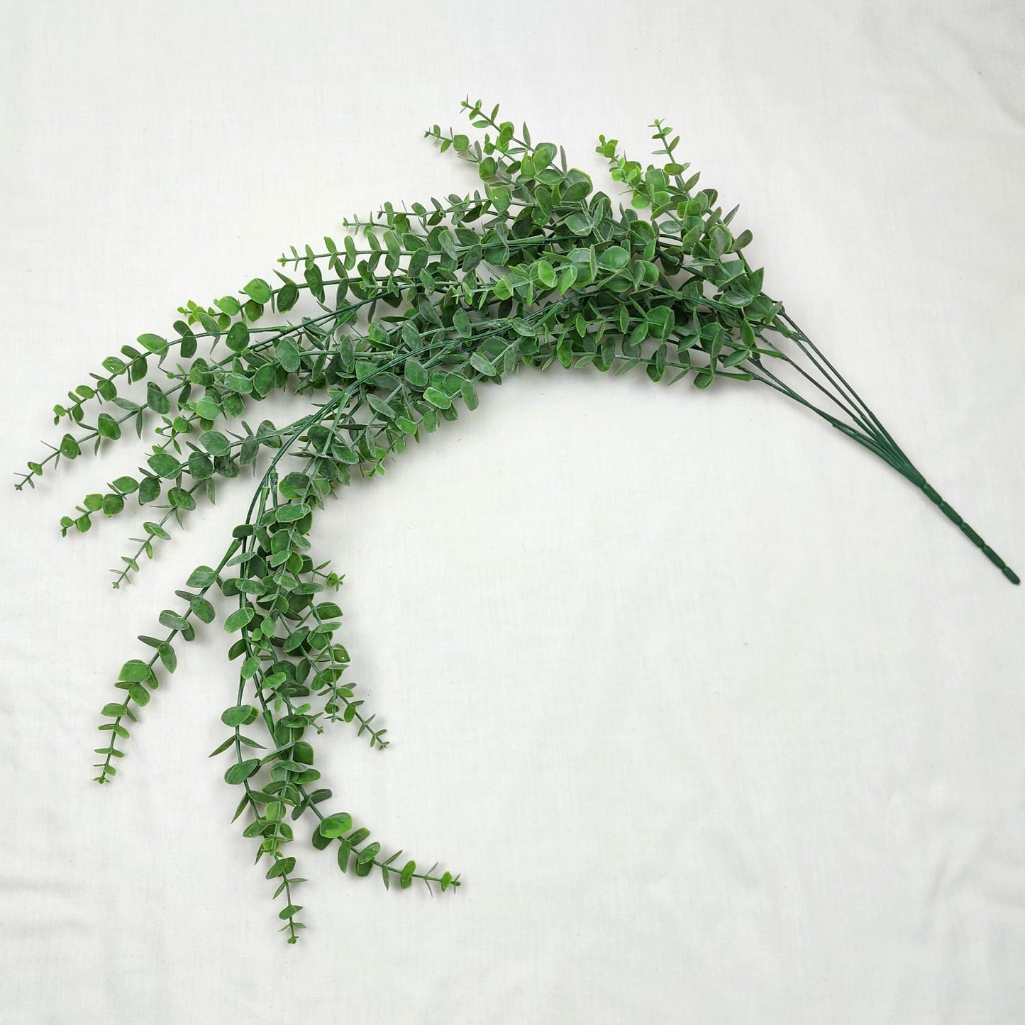 Artificial Green Hanging Eucalyptus branch against a white background