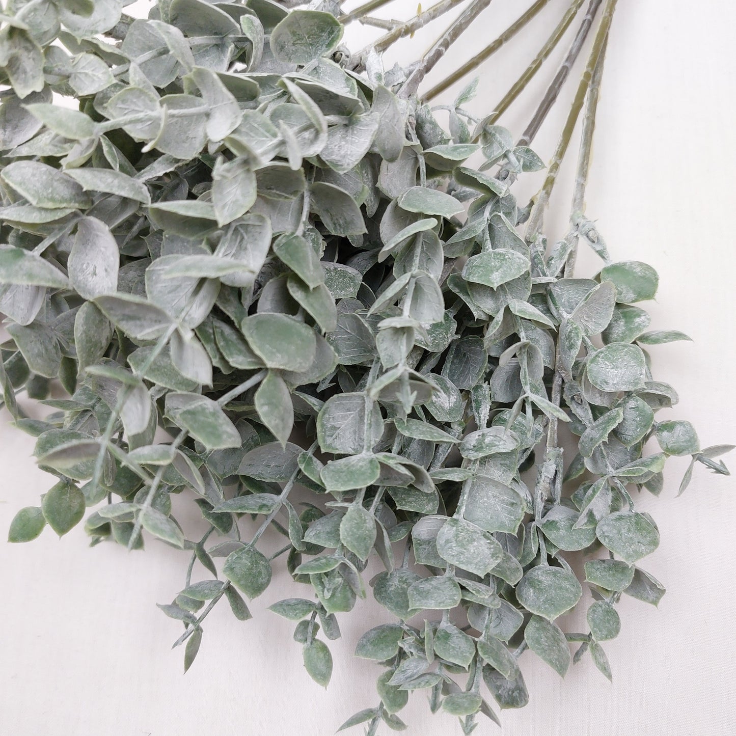 Close up of artificial Eucalyptus greenery against a white background