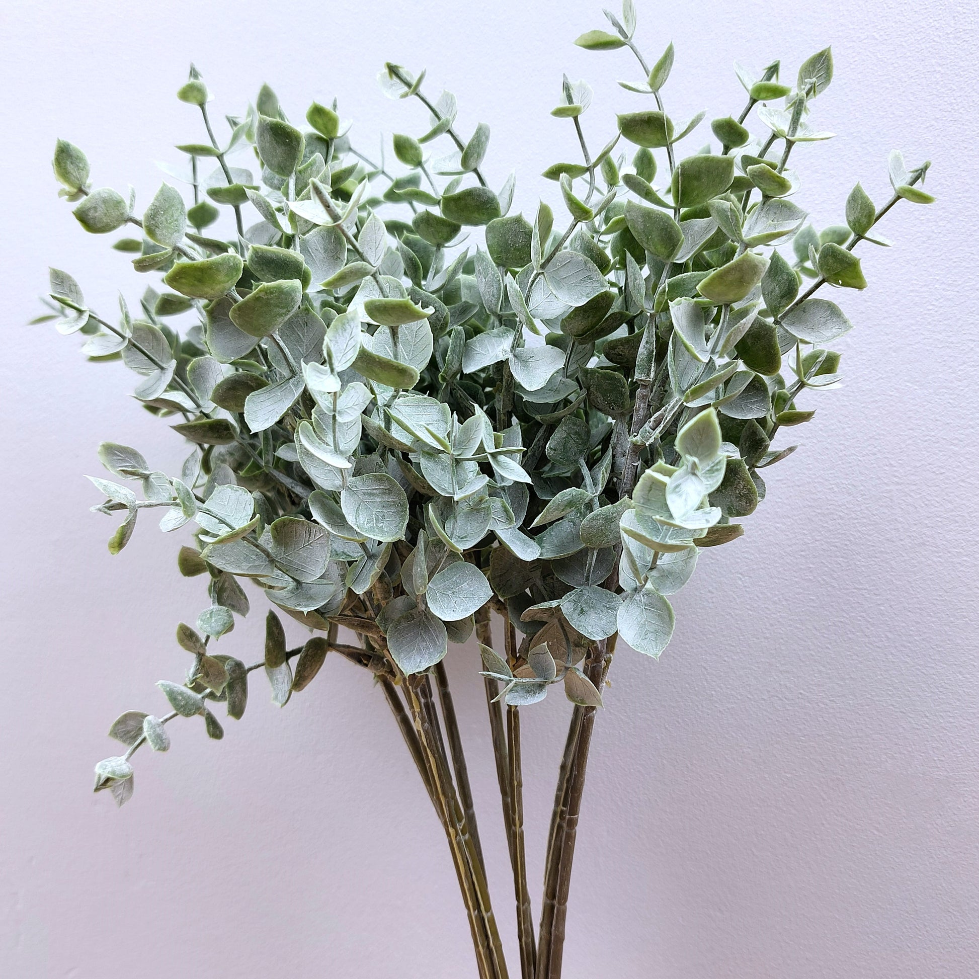 Artificial Green Eucalyptus against a grey background 