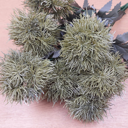 Artificial Green Trick Dianthus Pom Pom bush with a wooden background