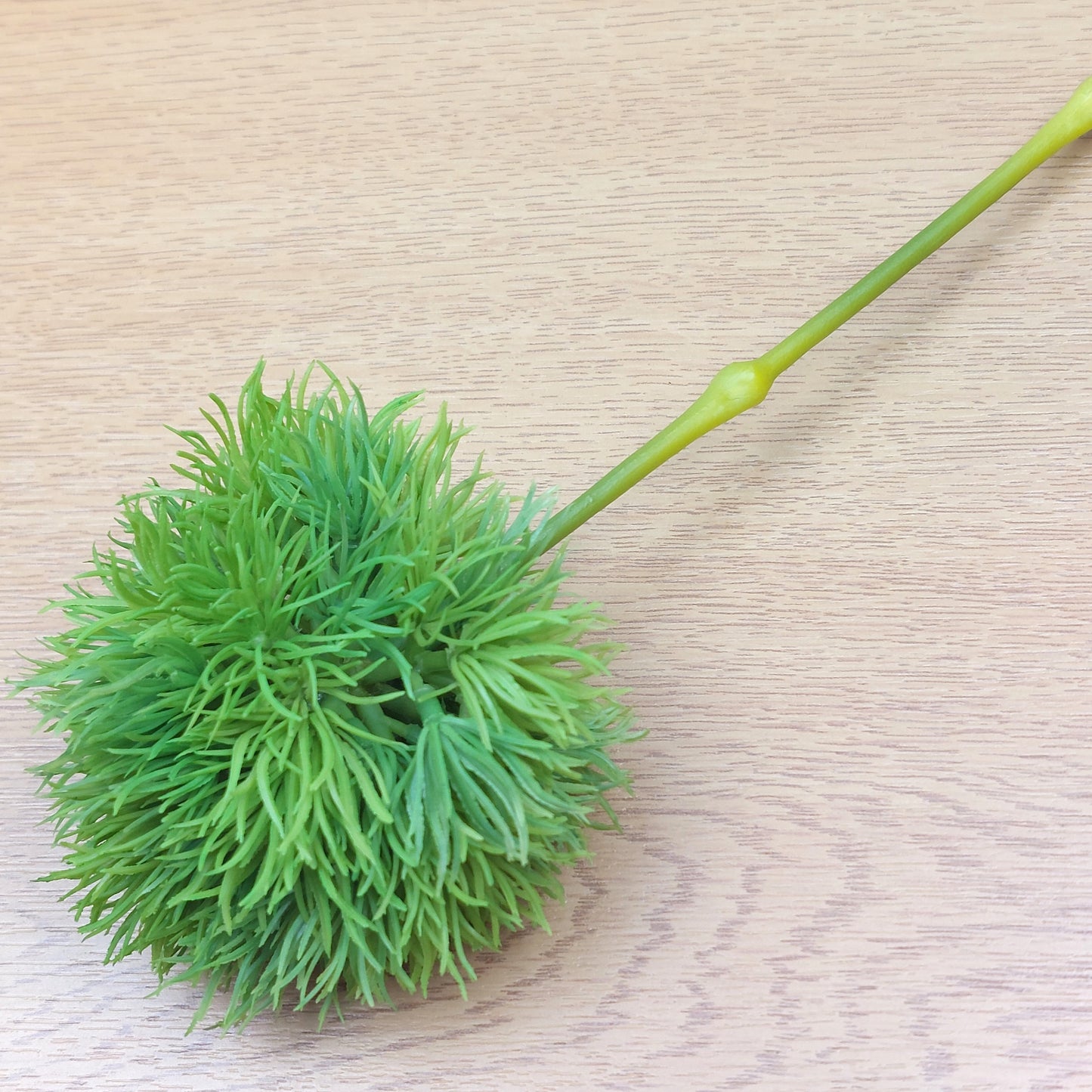 Green decorative artificial Pom Pom ball with a stem on a wooden surface