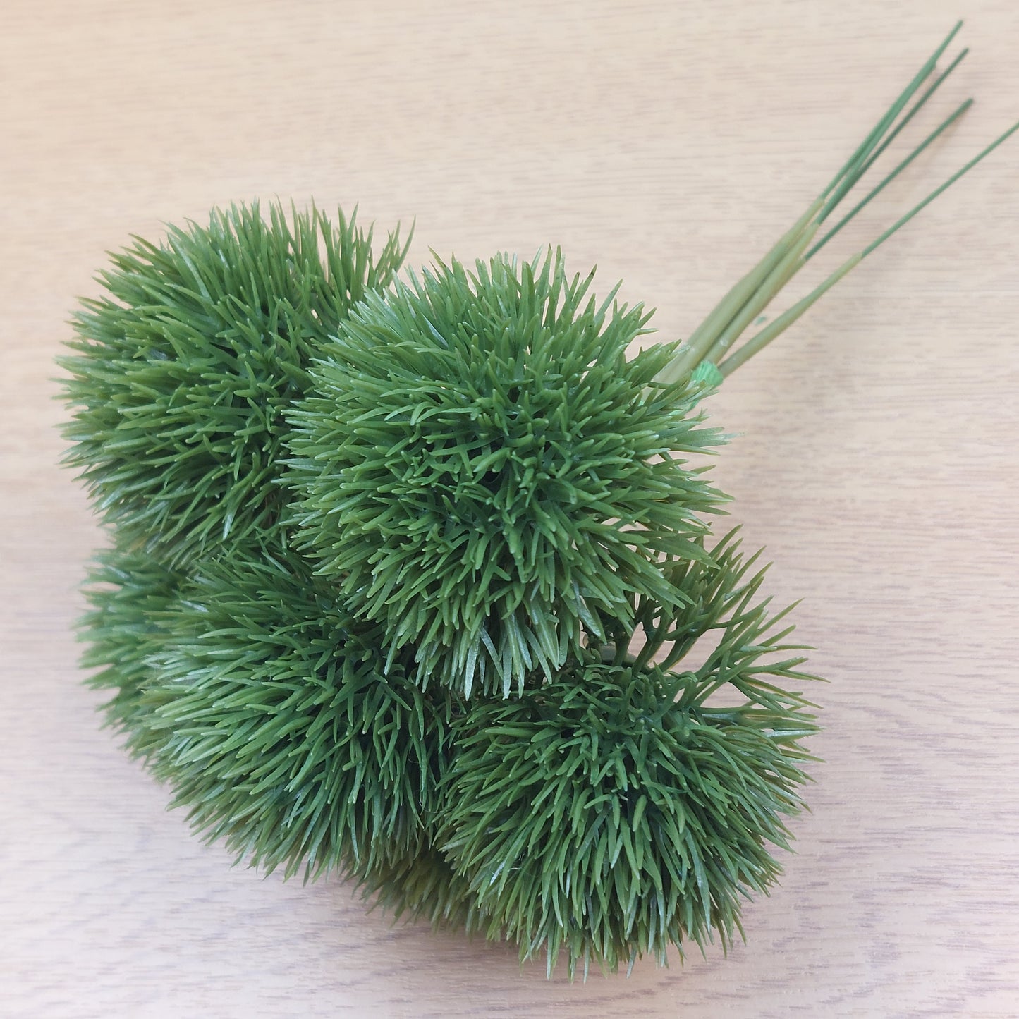 Six green artificial Dianthus plants on a wooden surface
