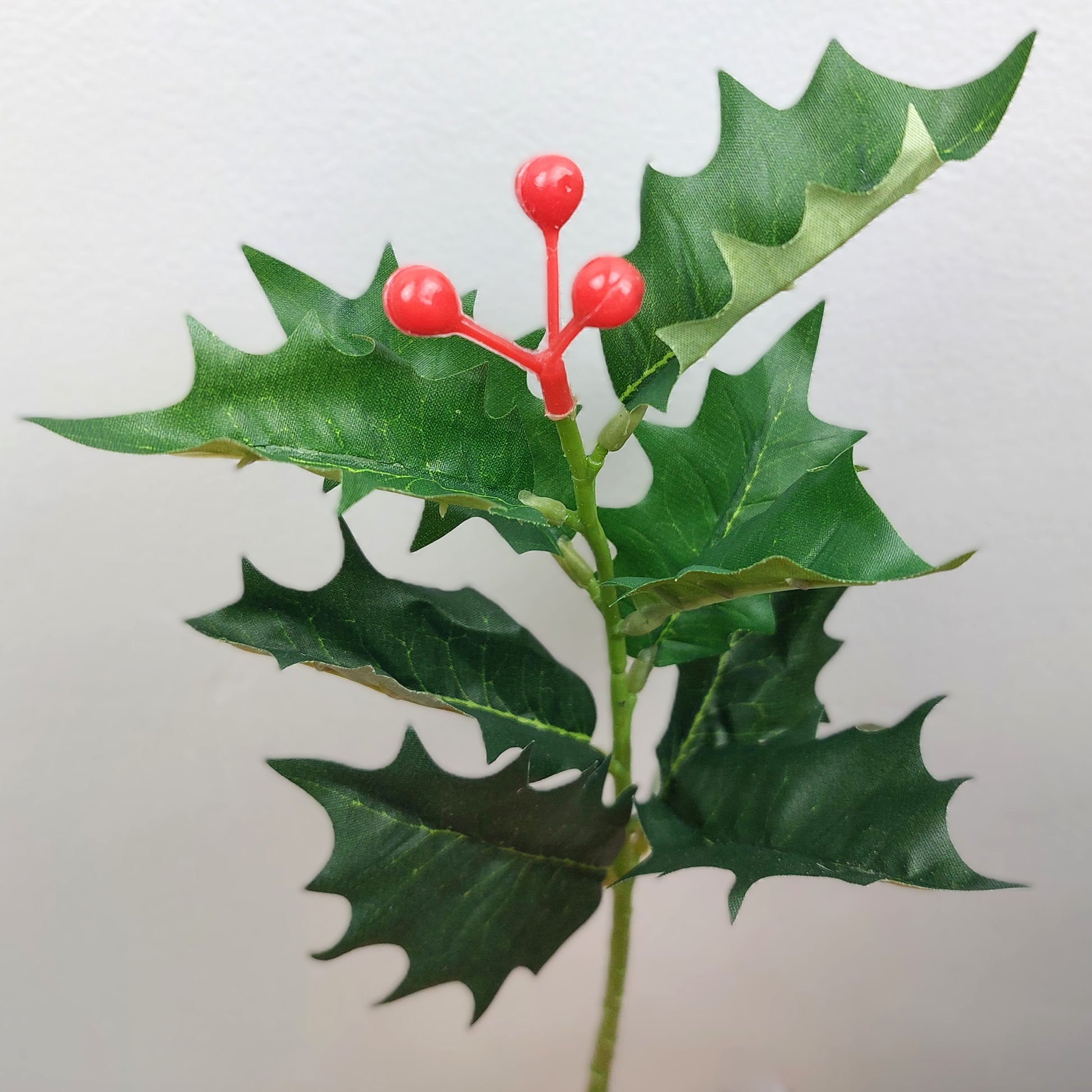 Artificial Holly leaves with red berries on a white background