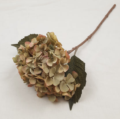 Artificial green and brown hydrangea flower with a stem, leaves, and multiple flower heads.