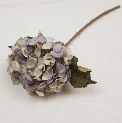 Artificial Hydrangea flower in lilac and purple colors with green leaves, 46cm in height.