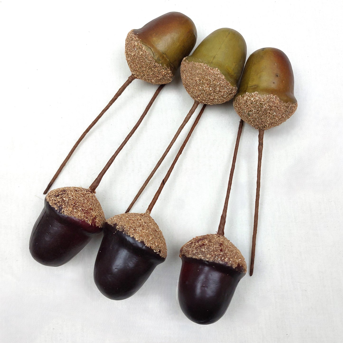Artificial Acorns on sticks arranged on a white background