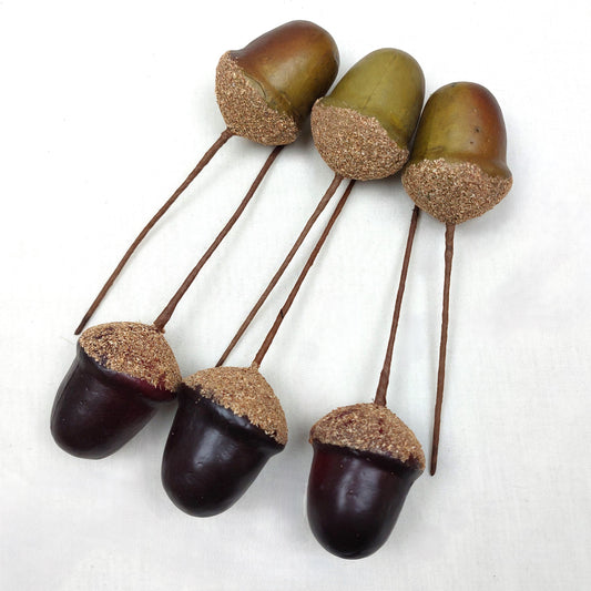 Artificial Acorns on sticks arranged on a white background