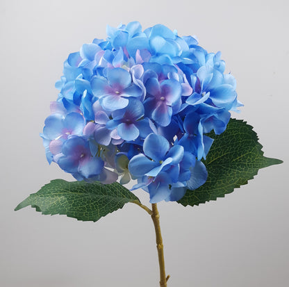 Artificial blue mophead hydrangea flower with green leaves on a stem against a white background