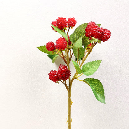 Artificial raspberry stem and green leaves on a white background