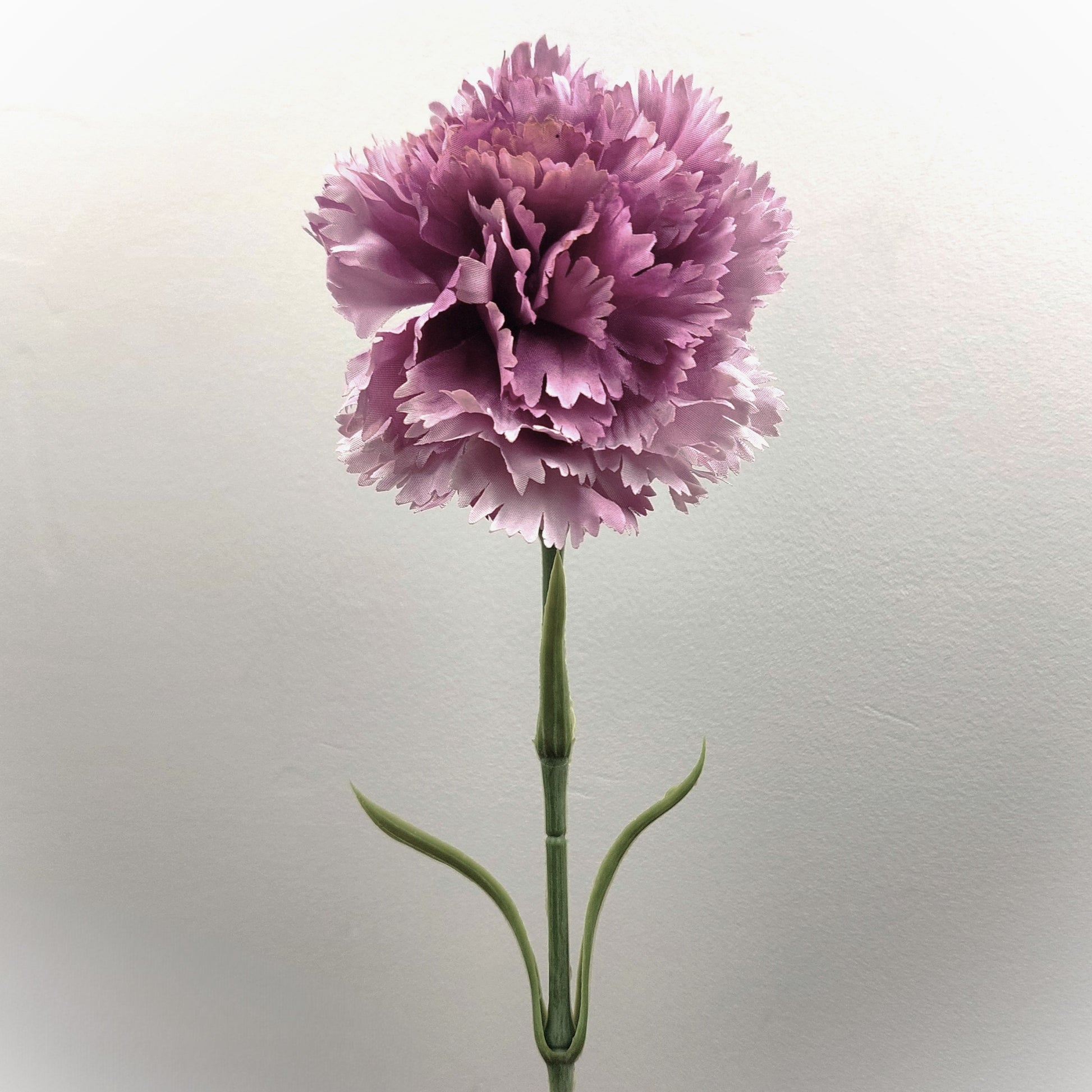 An artificial Lilac Ruffled Carnation flower with a green leafy stem against a pale background.