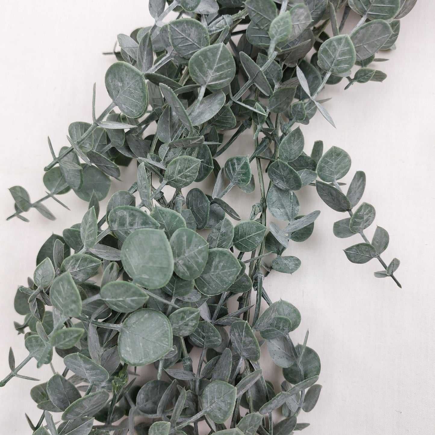 Close up of Artificial eucalyptus leaves on a garland on a white background