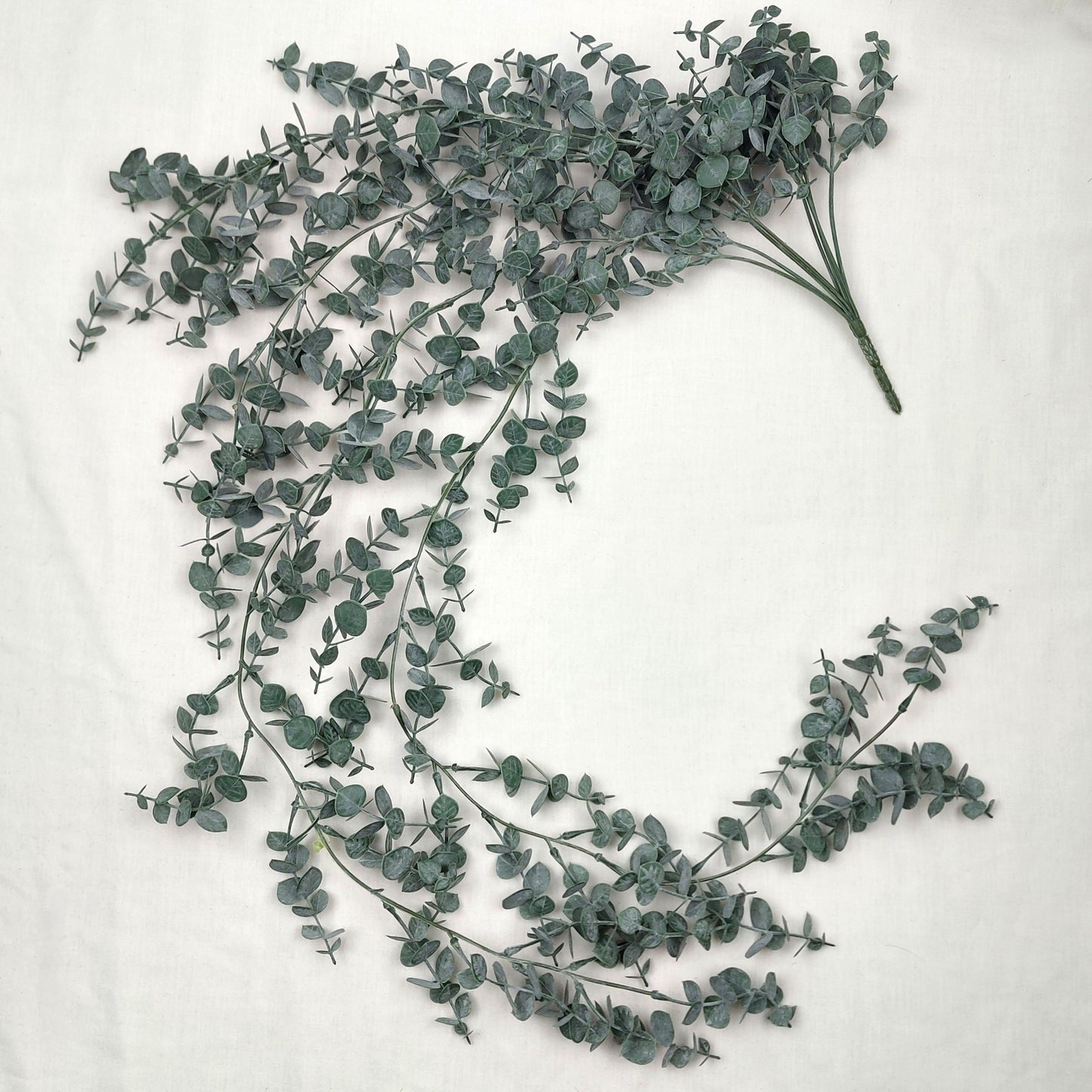 Artificial green eucalyptus leaves on a white background