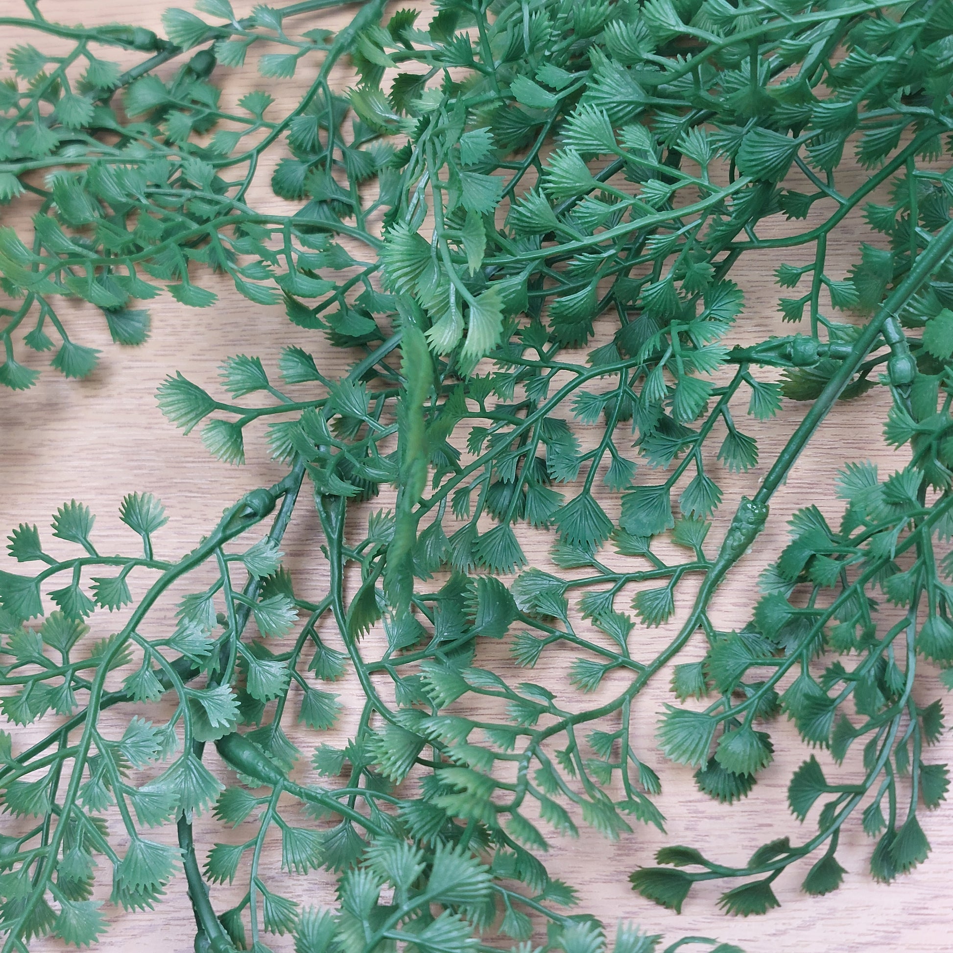 Close up of Green artificial leaves on a wooden surface
