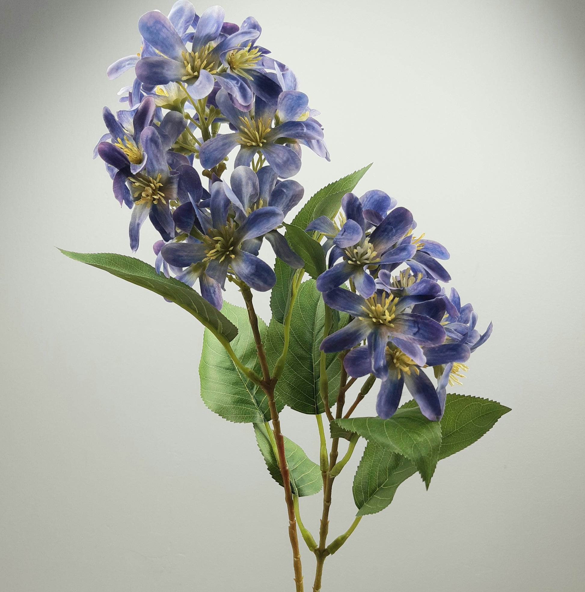 Artificial blue and purple faux vernicia flower spray with green leaves on a grey background