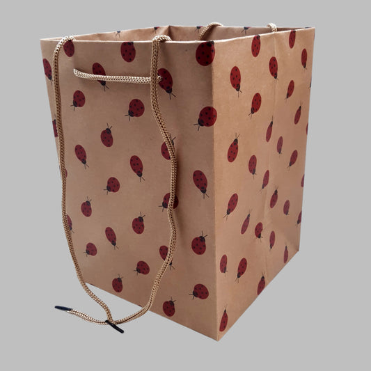 Hand-Tie-Gift-Bags-Kraft-Natural-Ladybirds-25cm-x-18cm-x-18cm-Pack-of-10-Bags