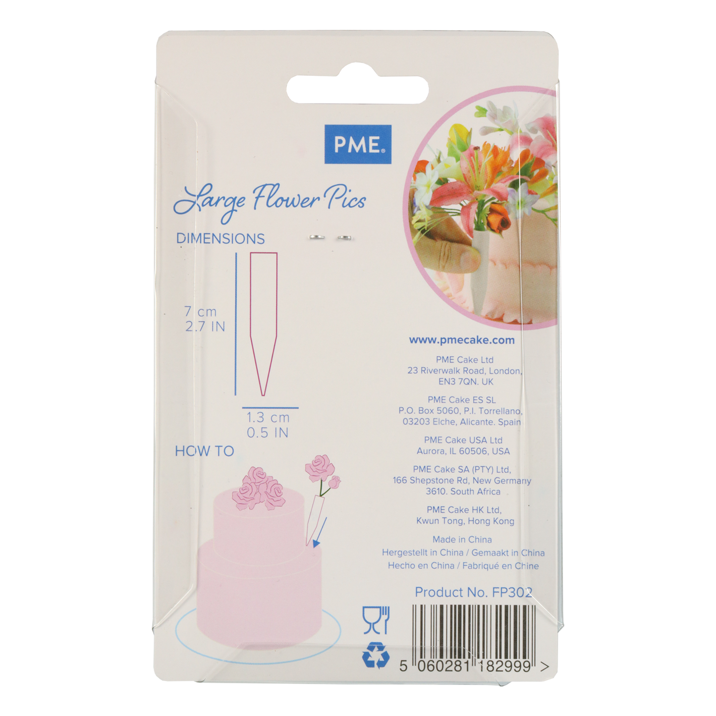 Large flower pick packaging with product details on a white background