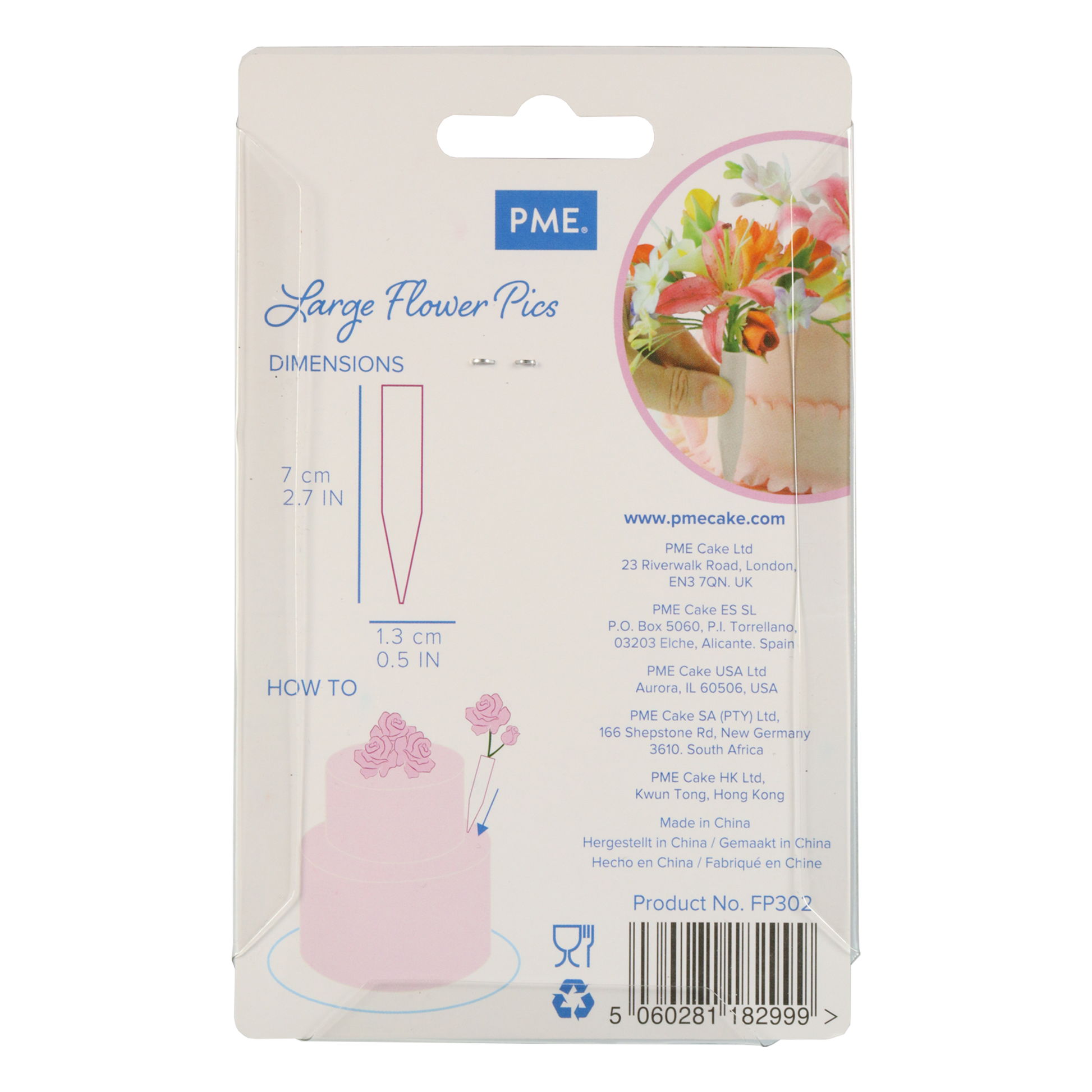 Large flower pick packaging with product details on a white background