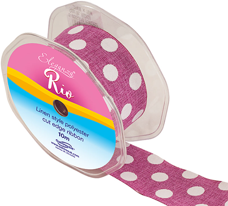 Linen-Ribbon-Cut-Edge-Fuchsia-Polka-Dot-38mm-x-10m