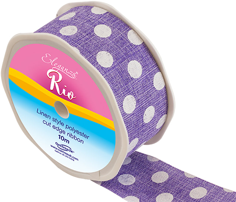 Linen-Ribbon-Cut-Edge-Lavender-Polka-Dot-38mm-x-10m
