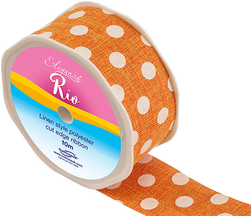 Linen-Ribbon-Cut-Edge-Orange-Polka-Dot-38mm-x-10m
