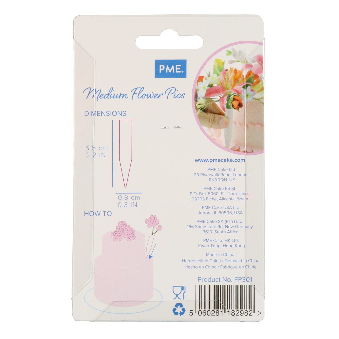 Medium flower pick packaging with product details on a white background