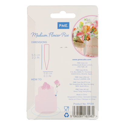 Medium flower pick packaging with product details on a white background