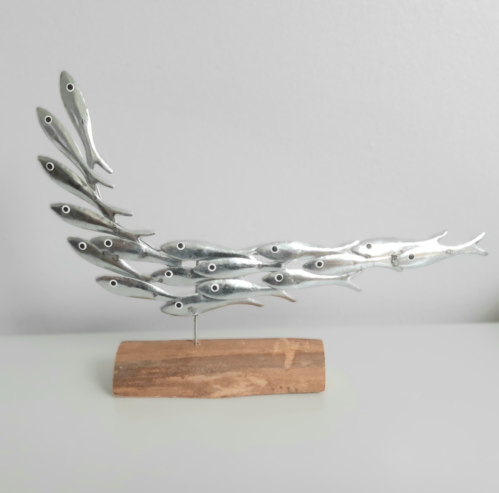 Metal Silver Fish Sculpture on a rustic style piece of wood