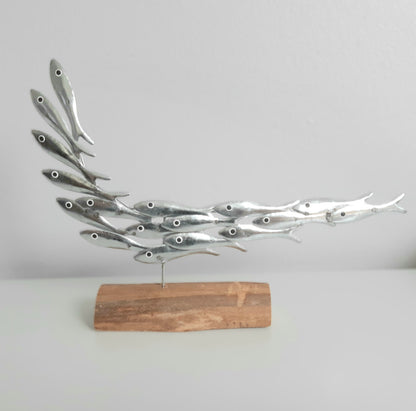 Metal Silver Fish Sculpture on a rustic style piece of wood