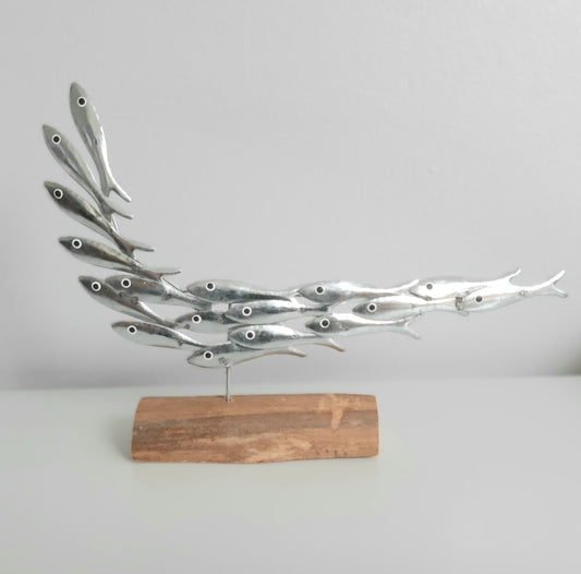 Metal Silver Fish Sculpture on a rustic style piece of wood