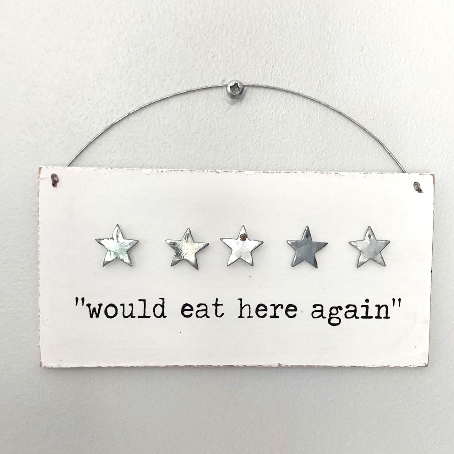 Five-star rating sign with 'would eat here again' text on a white background