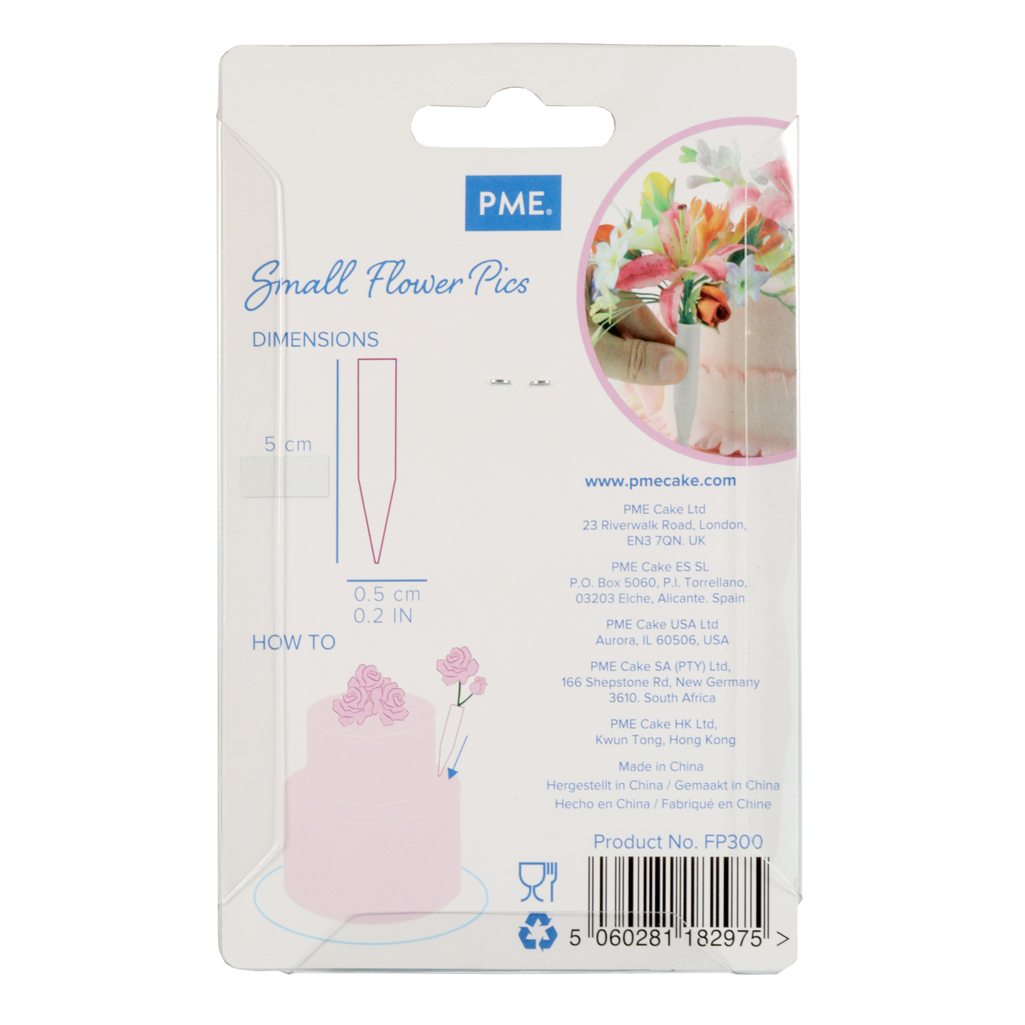 Small flower pick packaging with product details on a white background