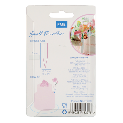 Small flower pick packaging with product details on a white background