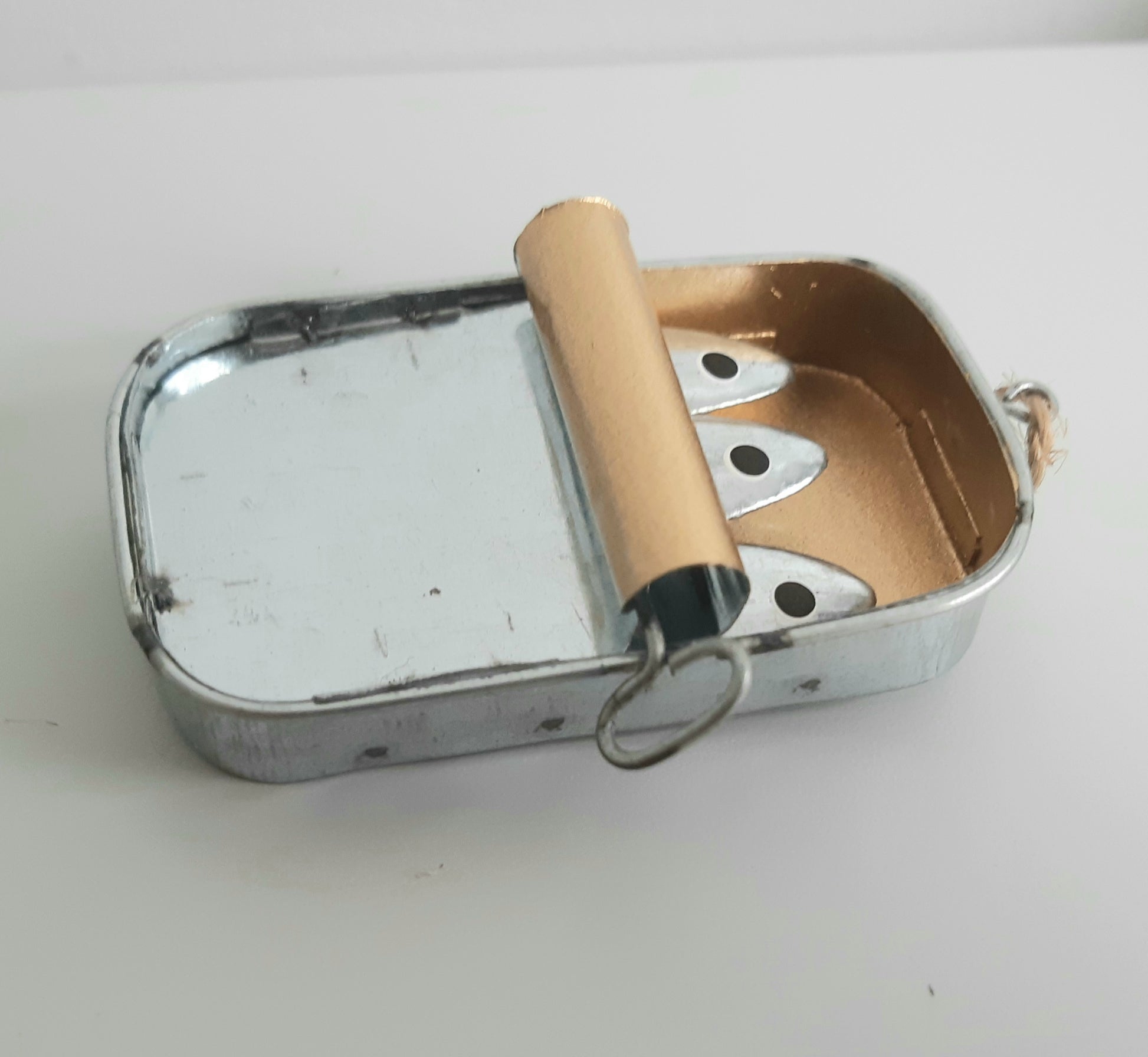 Tin of 3 Sardines Hanging Decoration laying down as Ornament 