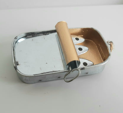 Tin of 3 Sardines Hanging Decoration laying down as Ornament 