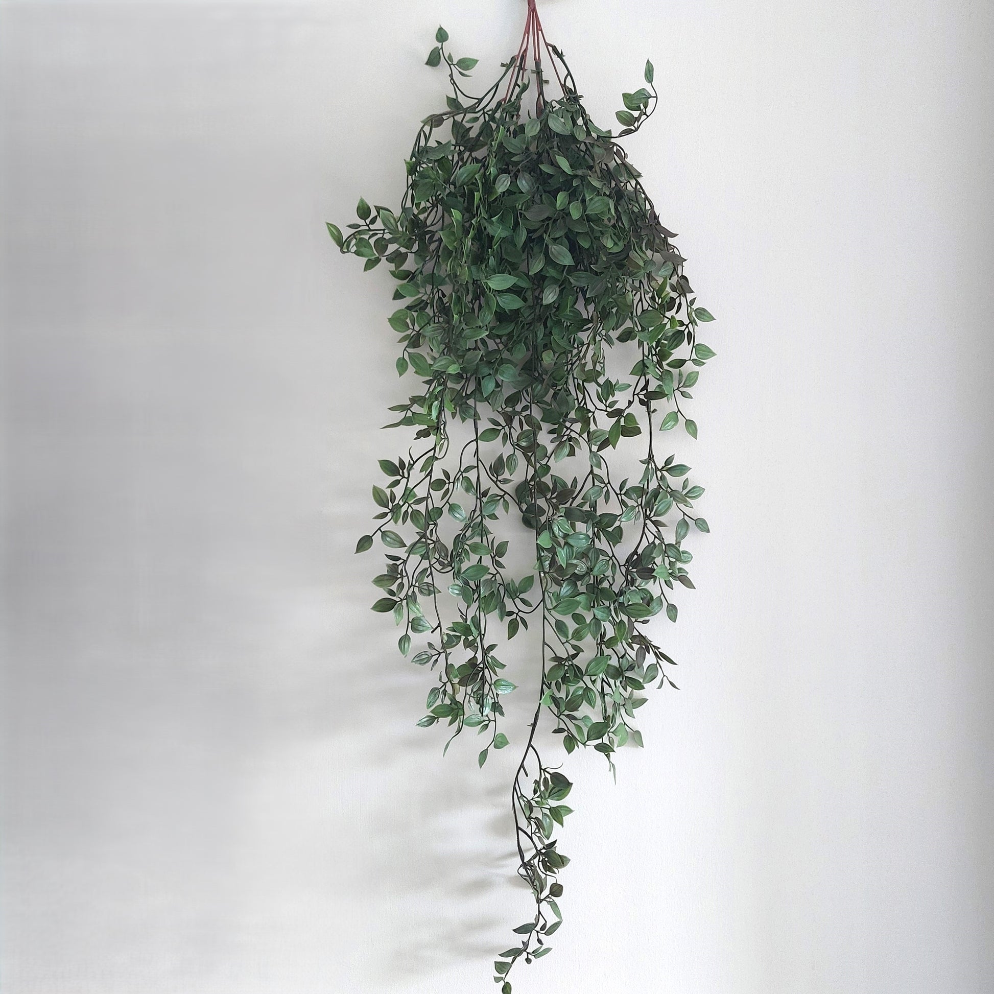 A hanging artificial green leafy ruscus vine with trailing stems and small oval leaves, suspended against a plain light gray wall.