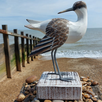 Decorative Godwit bird sculpture on a beach with ocean in the background