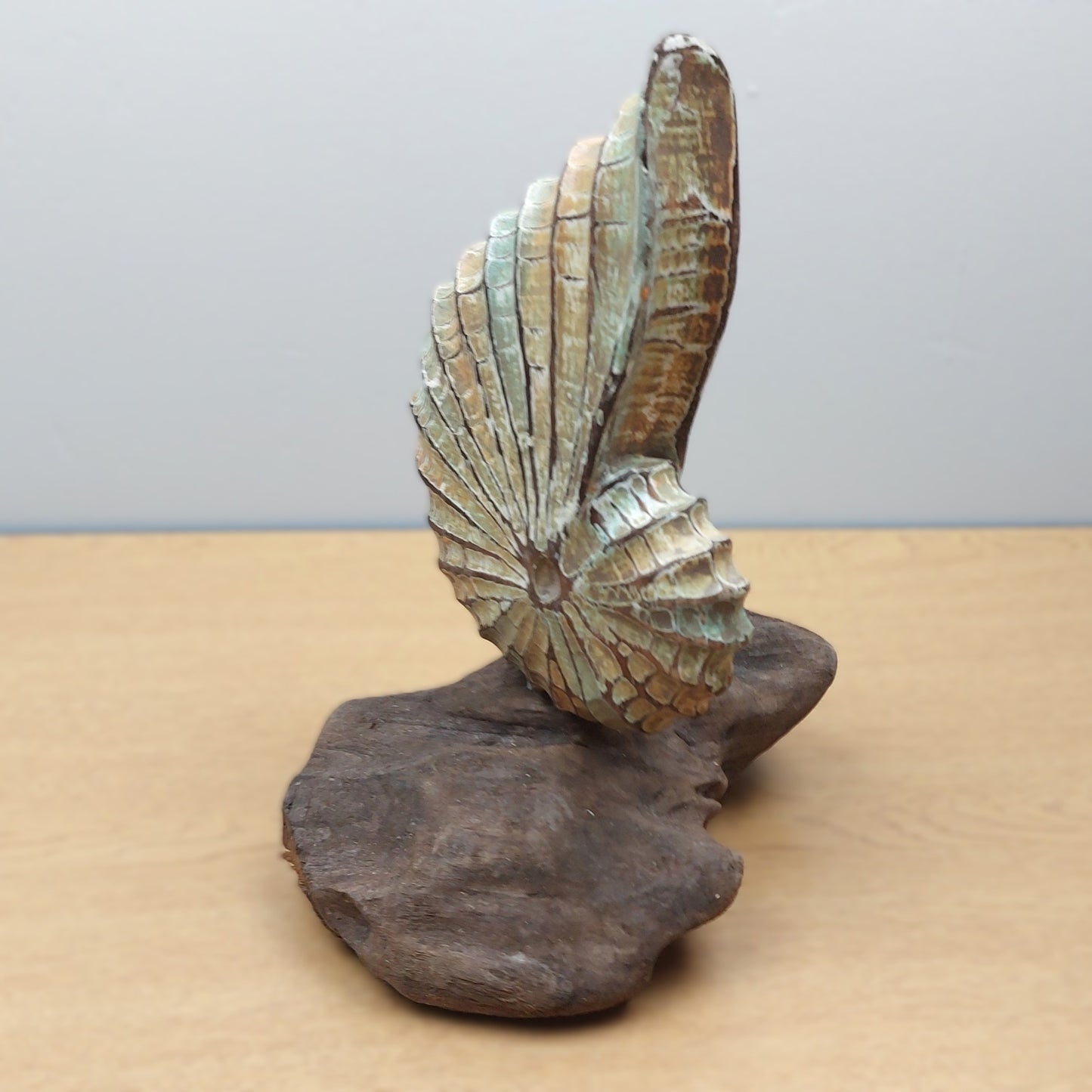 Decorative wood shell sculpture on a wooden base against a plain background